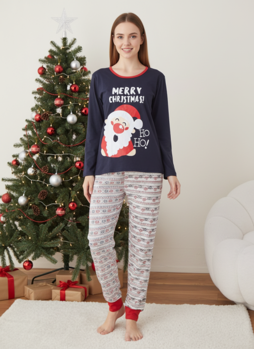 Pijama bumbac Dama de Craciun, Set cu Bluza si Pantaloni lungi, bleumarin 01011 [1]