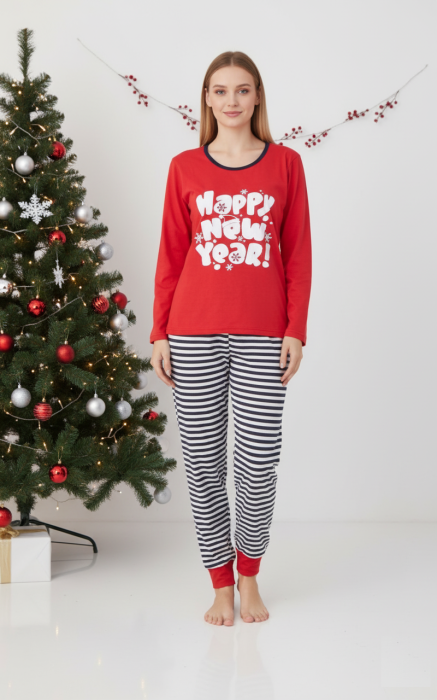 Pijama bumbac Dama de Craciun, Set cu Bluza si Pantaloni lungi, rosu 01014 [1]