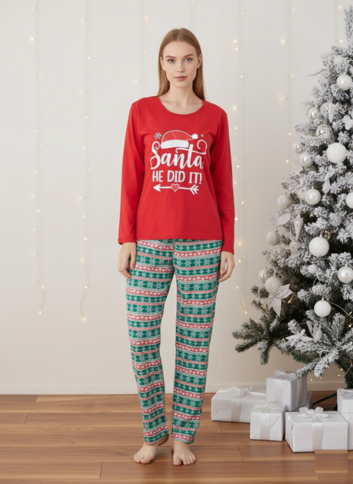 Pijama bumbac Dama de Craciun, Set cu Bluza si Pantaloni lungi, rosu 01016 [1]