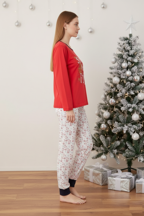 Pijama bumbac Dama de Craciun, Set cu Bluza si Pantaloni lungi, rosu 01005 [2]