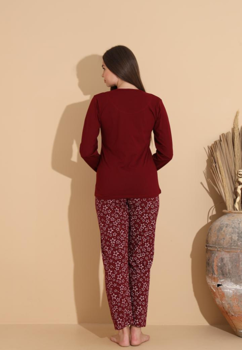 Pijama bumbac de Dama Confortabila, Set cu Bluza si Pantaloni lungi visiniu 1003 [3]