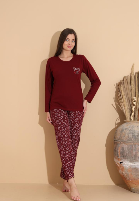 Pijama bumbac de Dama Confortabila, Set cu Bluza si Pantaloni lungi visiniu 1003 [1]
