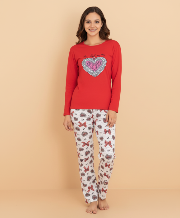Pijama bumbac de Dama Confortabila, Set cu Bluza si Pantaloni lungi, rosu 16256 [1]
