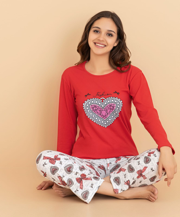 Pijama bumbac de Dama Confortabila, Set cu Bluza si Pantaloni lungi, rosu 16256 [4]