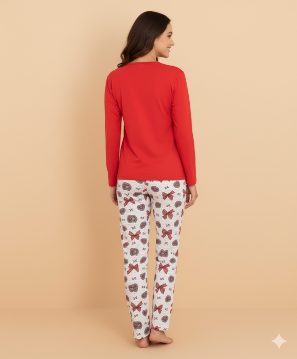Pijama bumbac de Dama Confortabila, Set cu Bluza si Pantaloni lungi, rosu 16256 [3]