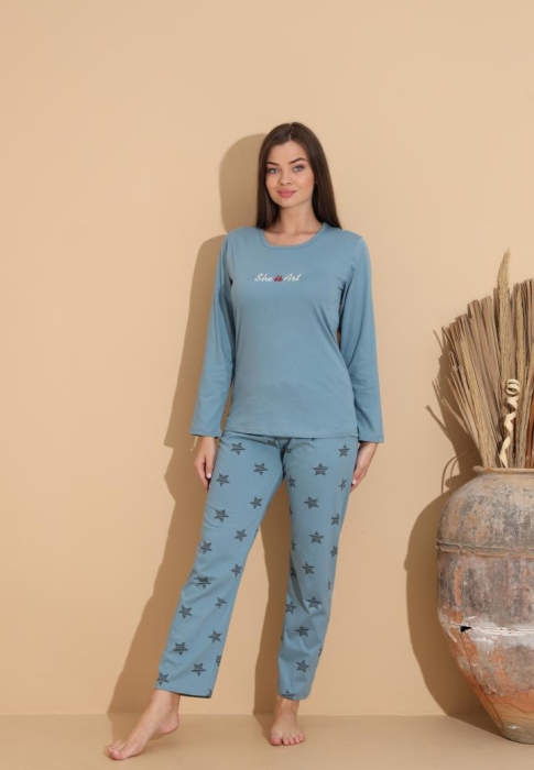 Pijama bumbac de Dama Confortabila, Set cu Bluza si Pantaloni lungi albastru 1001 [3]