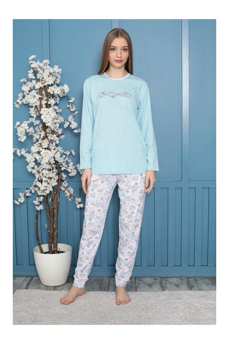 Pijama bumbac de Dama Confortabila, Set cu Bluza si Pantaloni lungi, albastru 806 [3]
