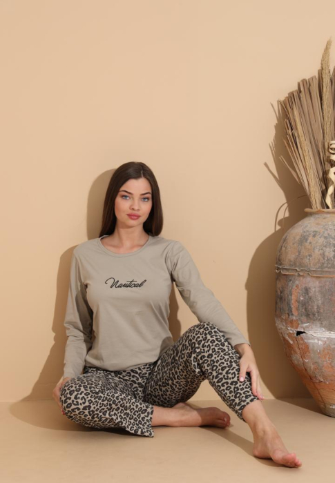 Pijama bumbac de Dama Confortabila, Set cu Bluza si Pantaloni lungi, bej 1008 [2]