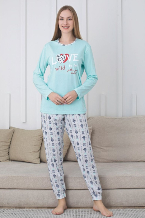 Pijama bumbac de Dama Confortabila, Set cu Bluza si Pantaloni lungi, bleu 202 [1]