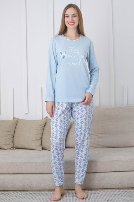 Pijama bumbac de Dama Confortabila, Set cu Bluza si Pantaloni lungi, bleu 200 [1]
