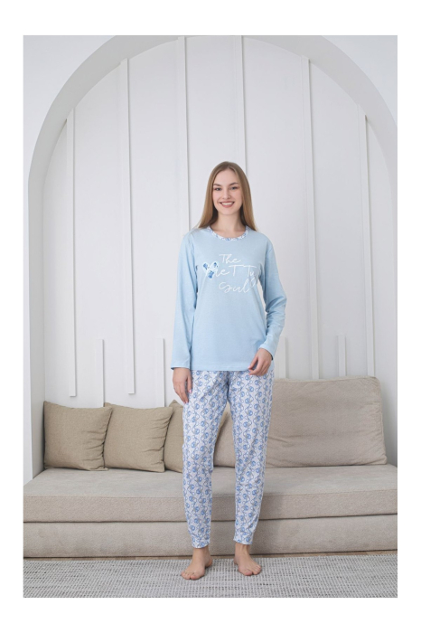 Pijama bumbac de Dama Confortabila, Set cu Bluza si Pantaloni lungi, bleu 200 [3]