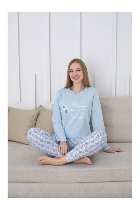 Pijama bumbac de Dama Confortabila, Set cu Bluza si Pantaloni lungi, bleu 200 [2]