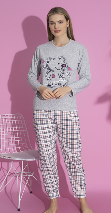 Pijama bumbac vatuit de Dama, Set cu Bluza si Pantaloni lungi gri 15418 [1]