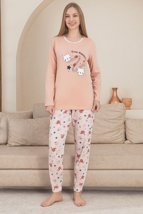 Pijama bumbac de Dama Confortabila, Set cu Bluza si Pantaloni lungi, corai 208 [1]