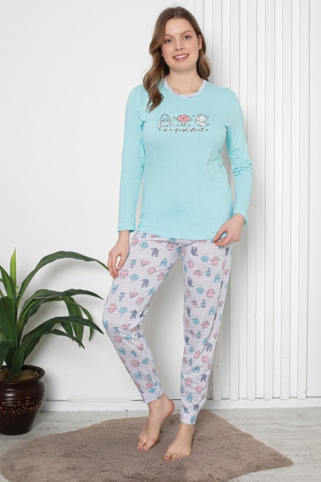 Pijama bumbac de Dama Confortabila, Set cu Bluza si Pantaloni lungi, albastru 800 [1]