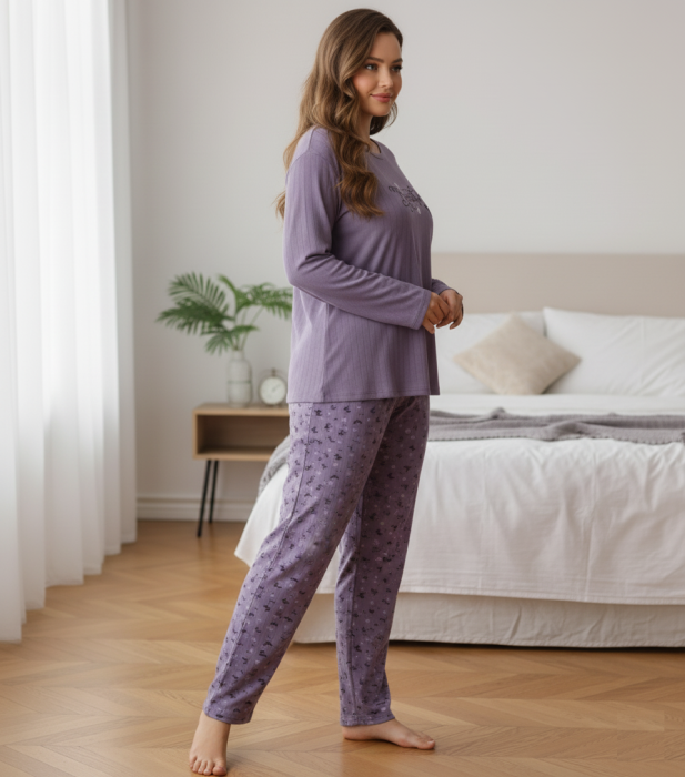 Pijama bumbac de Dama Confortabila, Set cu Bluza si Pantaloni lungi, marime mare mov 6845 [2]