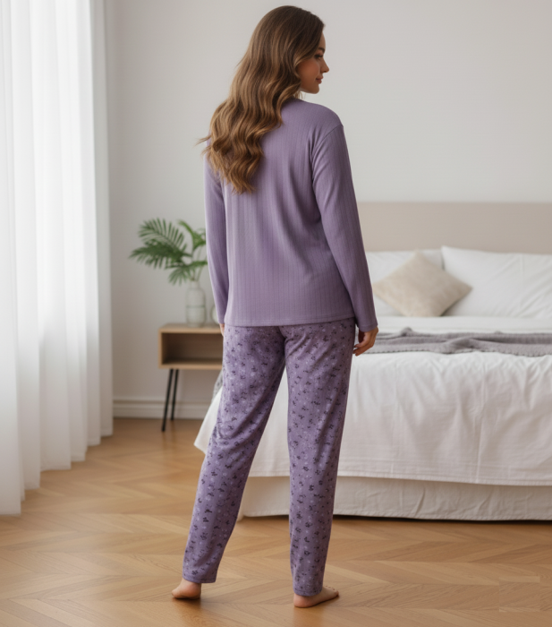 Pijama bumbac de Dama Confortabila, Set cu Bluza si Pantaloni lungi, marime mare mov 6845 [3]