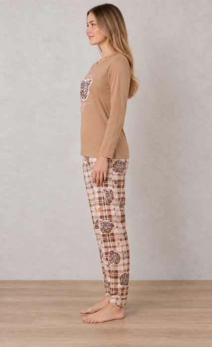 Pijama bumbac de Dama Confortabila, Set cu Bluza si Pantaloni lungi, maro 1023 [7]