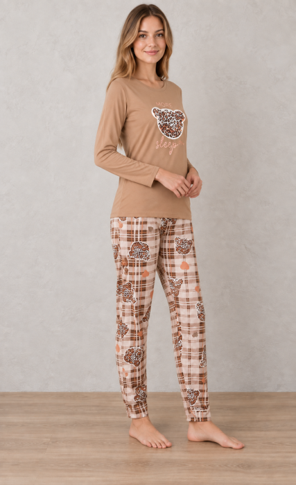 Pijama bumbac de Dama Confortabila, Set cu Bluza si Pantaloni lungi, maro 1023 [4]