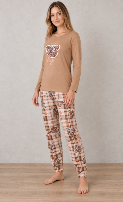 Pijama bumbac de Dama Confortabila, Set cu Bluza si Pantaloni lungi, maro 1023 [3]