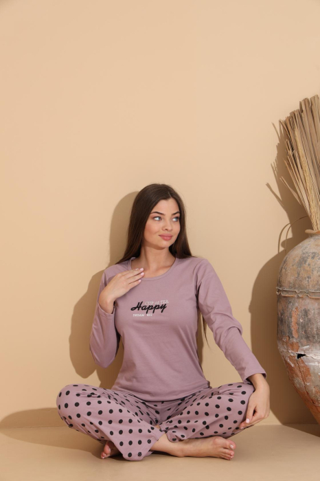 Pijama bumbac de Dama Confortabila, Set cu Bluza si Pantaloni lungi, mov 1009 [2]