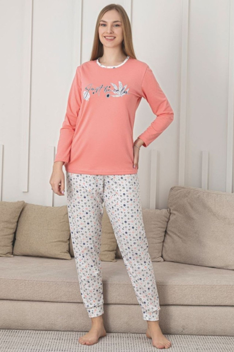 Pijama bumbac de Dama Confortabila, Set cu Bluza si Pantaloni lungi, corai 206 [1]