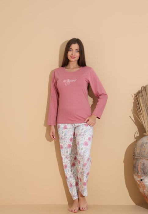 Pijama bumbac de Dama Confortabila, Set cu Bluza si Pantaloni lungi, roz 1011 [3]