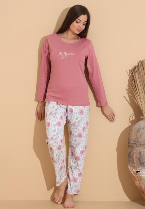 Pijama bumbac de Dama Confortabila, Set cu Bluza si Pantaloni lungi, roz 1011 [1]