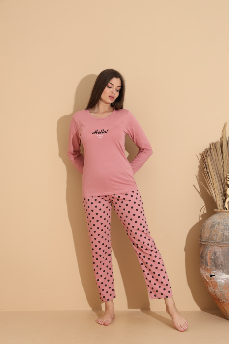 Pijama bumbac de Dama Confortabila, Set cu Bluza si Pantaloni lungi, roz 1010 [3]