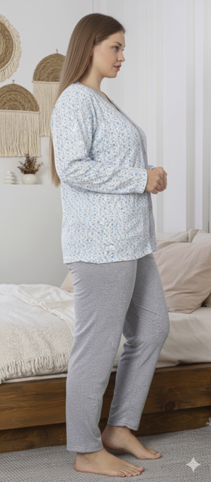 Pijama bumbac de Dama , Set cu Bluza si Pantaloni lungi, batal, cu nasturi, gri 16172 [3]
