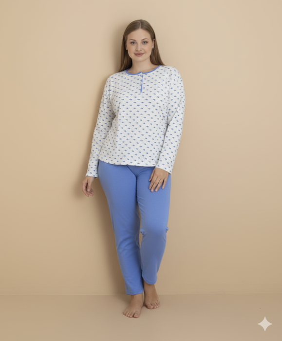 Pijama bumbac de Dama , Set cu Bluza si Pantaloni lungi, batal, albastru 16243 [1]