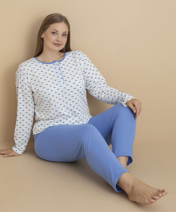 Pijama bumbac de Dama , Set cu Bluza si Pantaloni lungi, batal, albastru 16243 [2]
