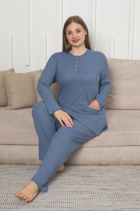Pijama bumbac de Dama , Set cu Bluza si Pantaloni lungi, marime mare 701 albastru [2]