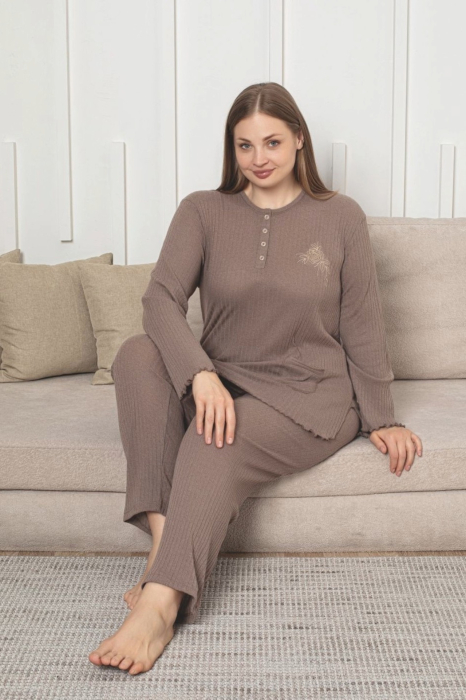 Pijama bumbac de Dama , Set cu Bluza si Pantaloni lungi, marime mare 709 bej [2]