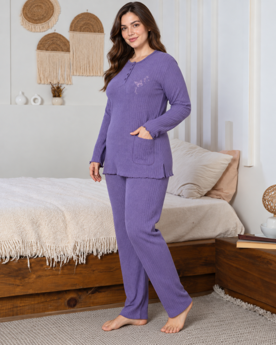 Pijama Dama Mov Lila, Set 2 Piese cu Bluza cu Nasturi si Buzunar, Pantaloni Lungi, Material Texturat 807 [5]
