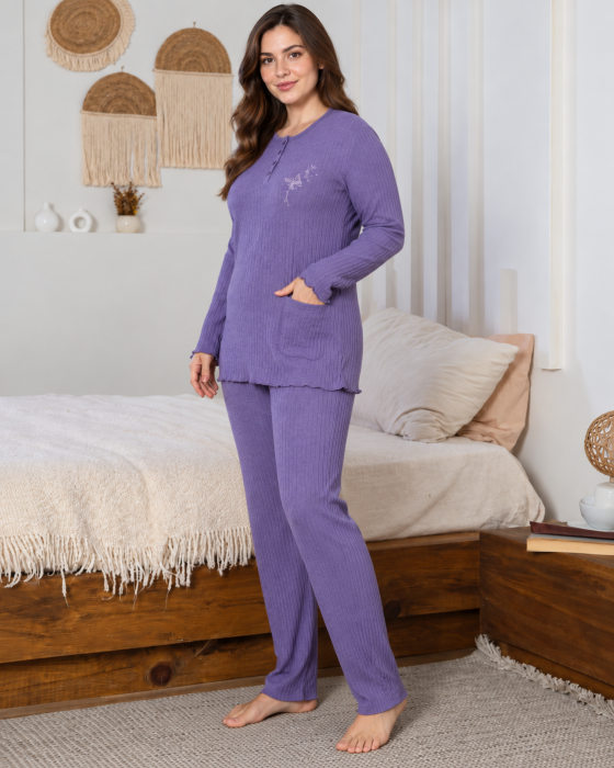 Pijama Dama Mov Lila, Set 2 Piese cu Bluza cu Nasturi si Buzunar, Pantaloni Lungi, Material Texturat 807 [7]