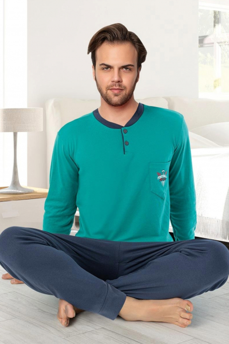 Pijama bumbac interlock barbat, maneci pantaloni lungi, imprimeu uni, verde turcoaz, embody.ro [2]