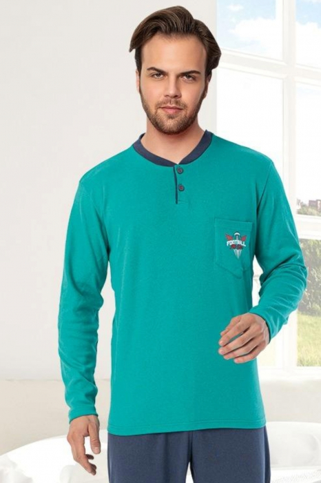Pijama bumbac interlock barbat, maneci pantaloni lungi, imprimeu uni, verde turcoaz, embody.ro [4]