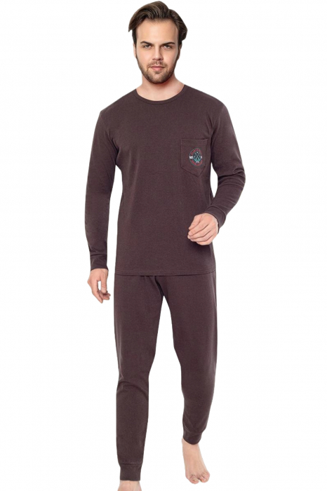 Pijama bumbac interlock barbat, maneci pantaloni lungi, imprimeu uni, maro, embody.ro [5]