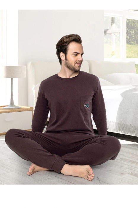 Pijama bumbac interlock barbat, maneci pantaloni lungi, imprimeu uni, maro, embody.ro [2]