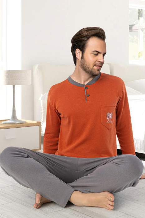 Pijama bumbac interlock barbat, maneci pantaloni lungi, imprimeu uni, portocaliu, embody.ro [2]