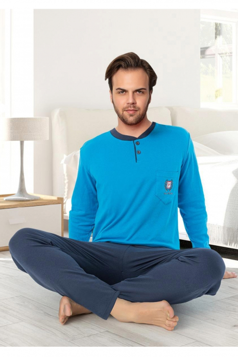 Pijama bumbac interlock barbat, maneci pantaloni lungi, albastru, embody.ro [2]