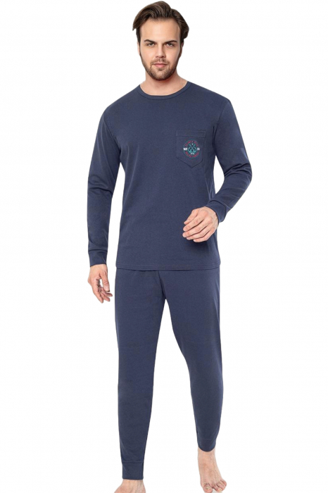 Pijama bumbac interlock barbat, maneci pantaloni lungi, imprimeu uni, bleumarin, embody.ro [5]