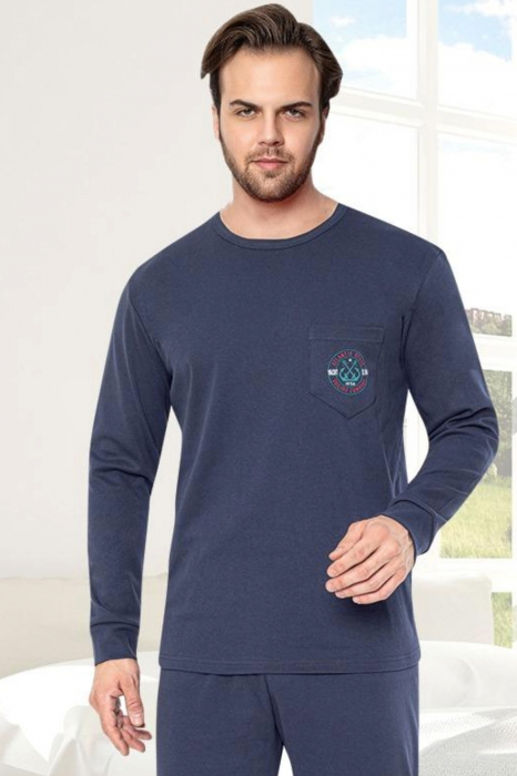 Pijama bumbac interlock barbat, maneci pantaloni lungi, imprimeu uni, bleumarin, embody.ro [4]
