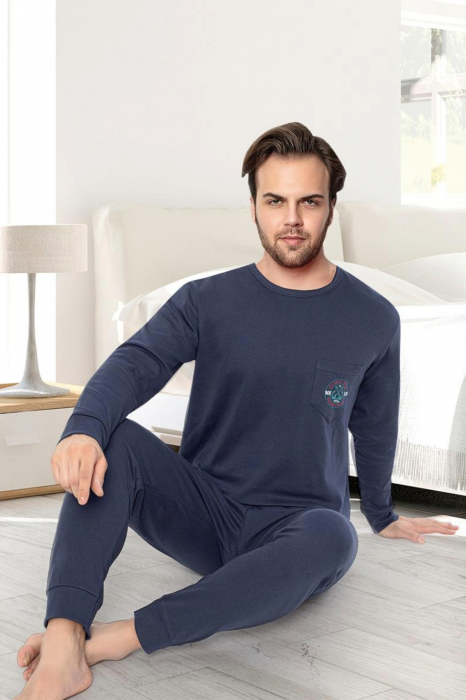 Pijama bumbac interlock barbat, maneci pantaloni lungi, imprimeu uni, bleumarin, embody.ro [2]