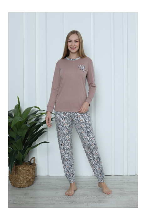 Pijama bumbac Interlok de Dama , Set cu Bluza si Pantaloni lungi maro 2052 [3]