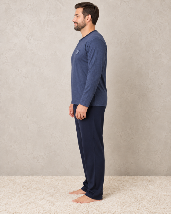 Pijama barbati bumbac marimi mari, bluza bleumarin cu maneca lunga si pantaloni lungi [3]