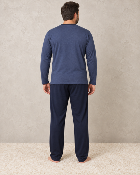 Pijama barbati bumbac marimi mari, bluza bleumarin cu maneca lunga si pantaloni lungi [4]