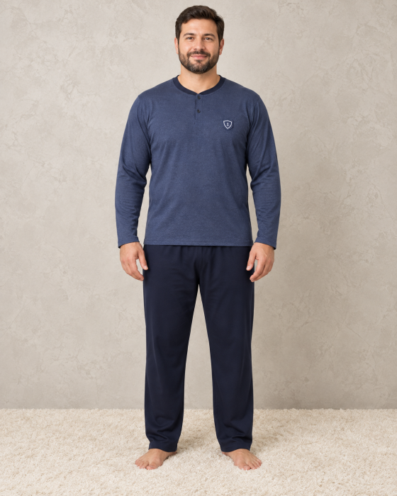 Pijama barbati bumbac marimi mari, bluza bleumarin cu maneca lunga si pantaloni lungi [2]
