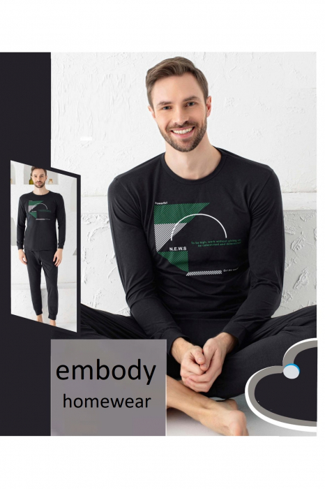 Pijama bumbac premium barbat, cu maneci si pantaloni lungi, negru, embody.ro [2]